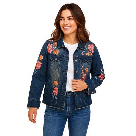 NEW DG2 by Diane Gilman Floral Denim Jean Jacket Women Size Medium Split Cuffs - Picture 1 of 12